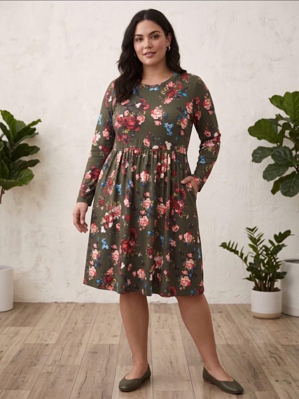 Long-Sleeve Olive Floral Midi Dress with Gathered Waist